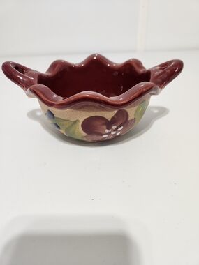 Hand-Painted Ceramic Serving Bowl in Burgundy Floral Finish